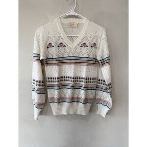 Vtg 80s 90s Ricki Sweater Vneck Sweater White Striped Floral 100% Acrylic XS S M